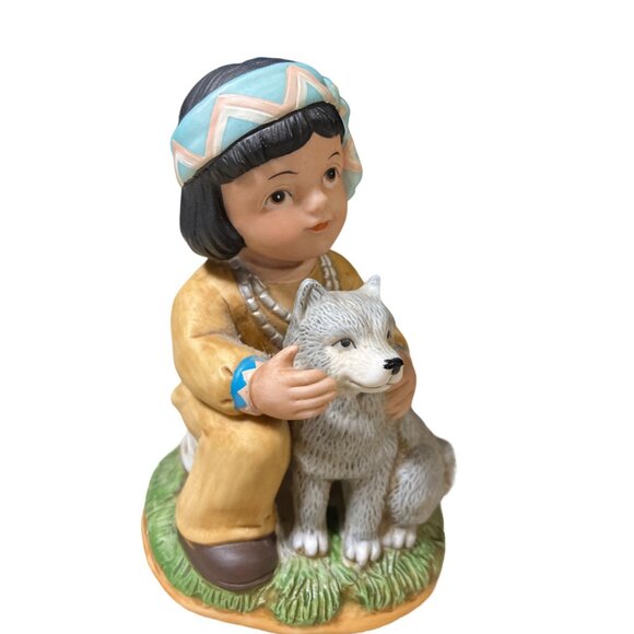 Homco Art Bisque Porcelain Native American Boy Figurine With Wolf Cub 1428 - Picture 4 of 13